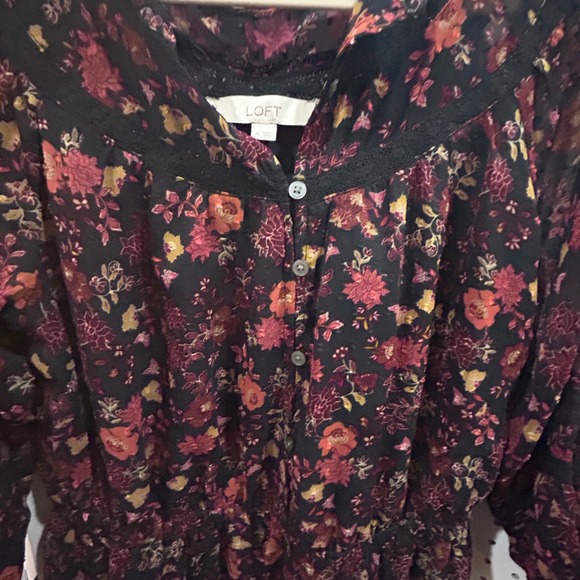 LOFT Floral Print Button Front V Neck Long Sleeve Sheath Dress Womens Medium - Picture 5 of 7